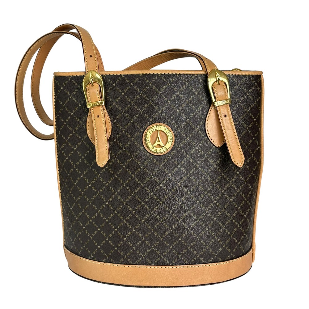 La Tour Eiffel Bucket Bag Monogram Coated Canvas Leather Trim Brown Purse